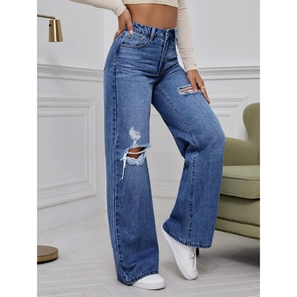 Women's High Waist Ripped Wide Leg Jeans Distressed Denim Pants - Picture 4 of 5